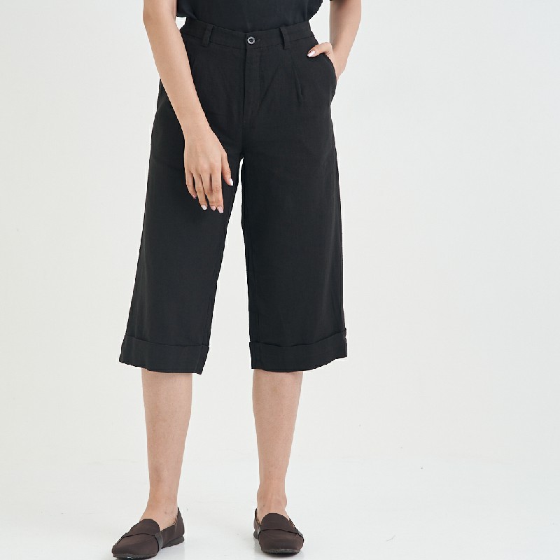 C&D ซีแอนด์ดี Pants กางเกงขาสี่ส่วน ดีไซน์ปลายขาบ้าน ดีเทลพับขอบขาเบิ้ล สีดำ เนื้อผ้าลินิน CL4RBL