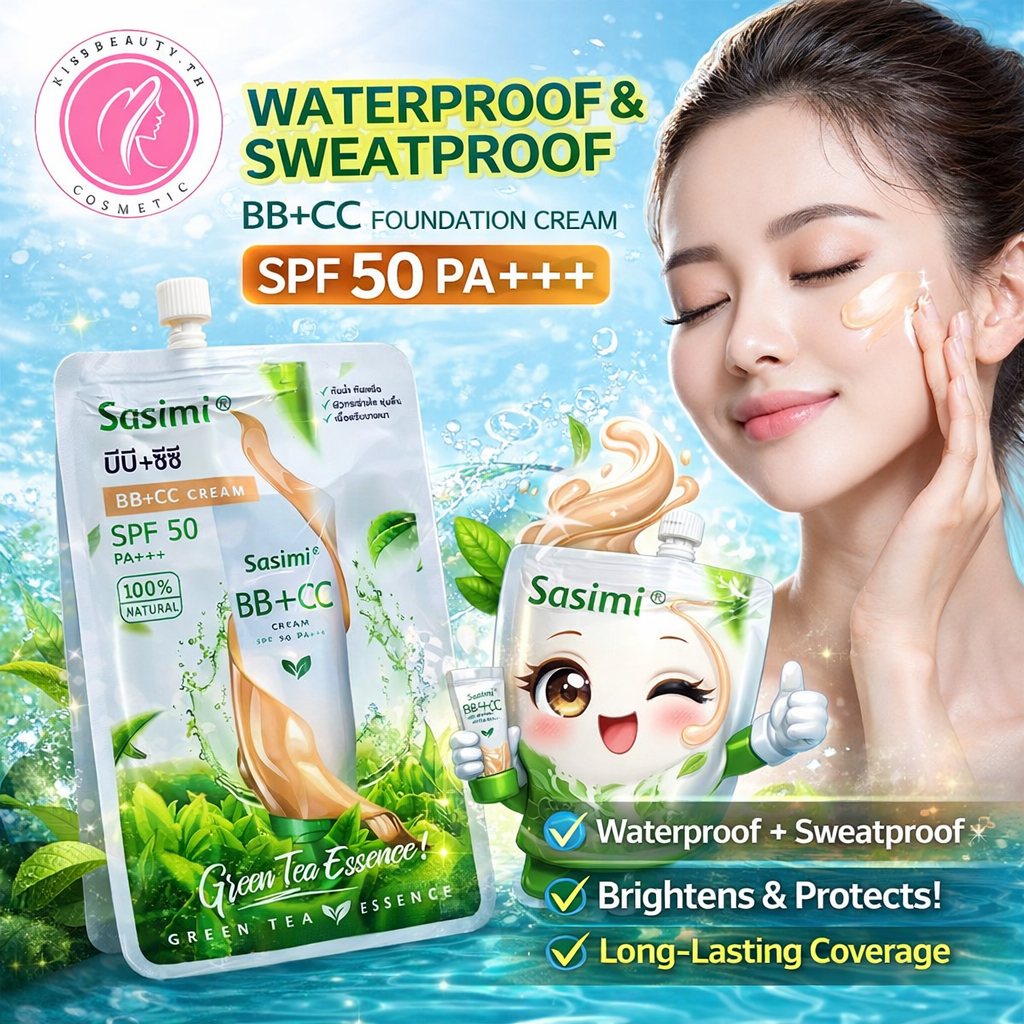 Sasimi  รองพื้น BB+CC Green tea แบบซอง ช่วยปกปิดผิวเรียบเนียน เพิ่มความชุ่มชื่นให้ผิว กันแดด UV