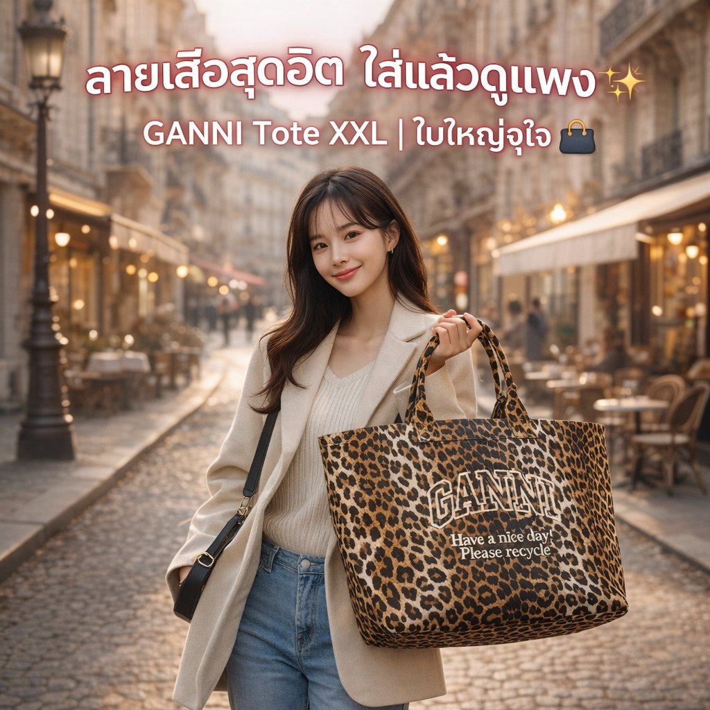 👜GANNI XXL Print Canvas Tote Bag Leopard 🐆👜 กระเป๋าโท้ทผ้าใบ ใส่ของจุใจ สายแฟต้องมี