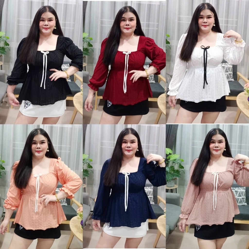 Z-09 เสื้อคอเหลี่ยมแต่งโบว์มีสม็อคใต้อก ผ้าฉลุ