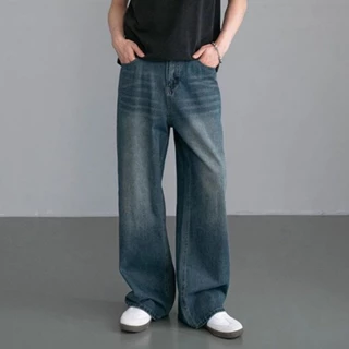 SHEESH-กางเกงยีนส์ผู้ชายขากว้าง สีน้ำเงินเข้ม baggy jeans ขากระบอก ย้อนยุค สไตล์อเมริกัน
