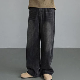 SHEESH-กางเกงยีนส์ผู้ชายขากว้าง สีน้ำเงินเข้ม baggy jeans ขากระบอก ย้อนยุค สไตล์อเมริกัน