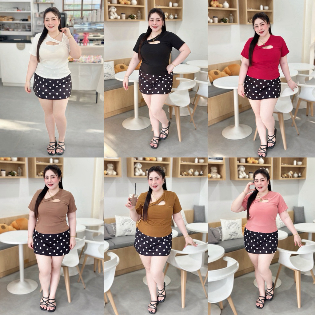 เสื้อสาวอวบ อก38-46 แต่งคอไขว่น่ารัก ผ้าร่อง  (A64)