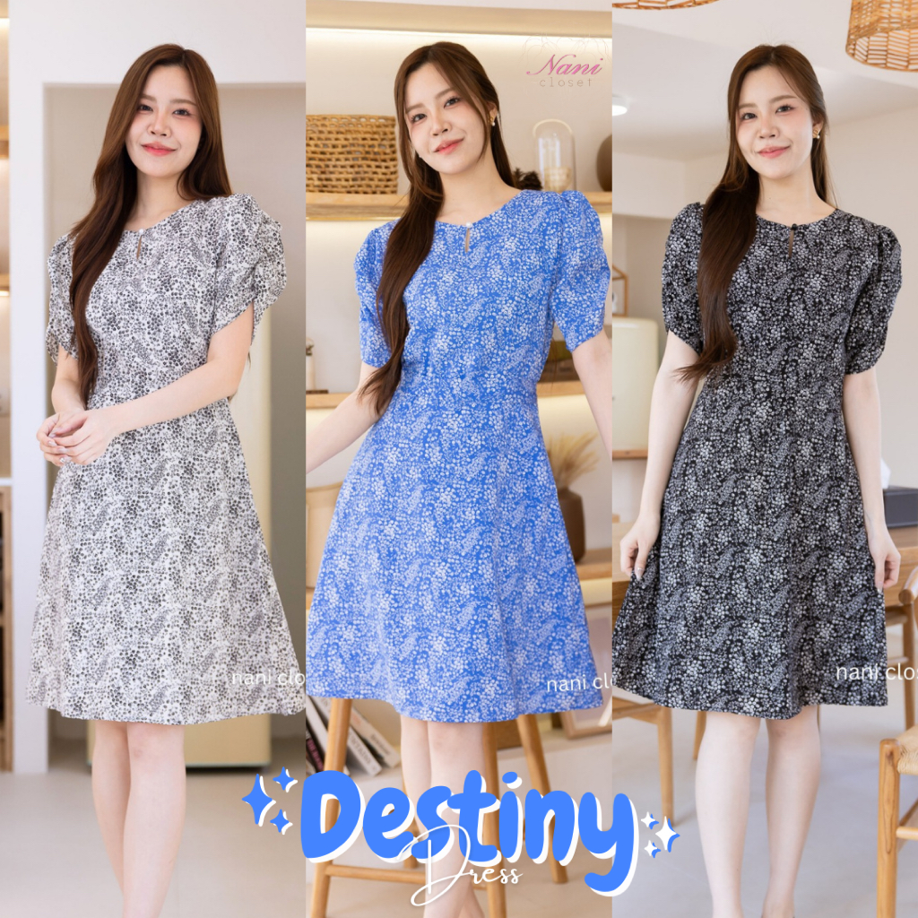 Destiny Dress เดรสทำงานไม่ต้องรีด มีซิปหลัง ซับในพร้อม แขน Puff Sleeve โซคิ้วท์ แพทเทิลใหม่