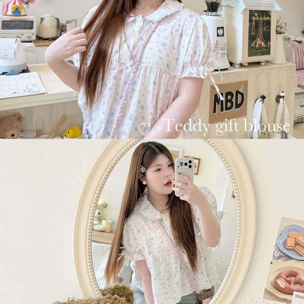 Teddy gift blouse💘🎀🧸”เสื้อลายน้องหมีแต่งโบว์ที่สาวอวบใส่แล้วผอมที่สุด”