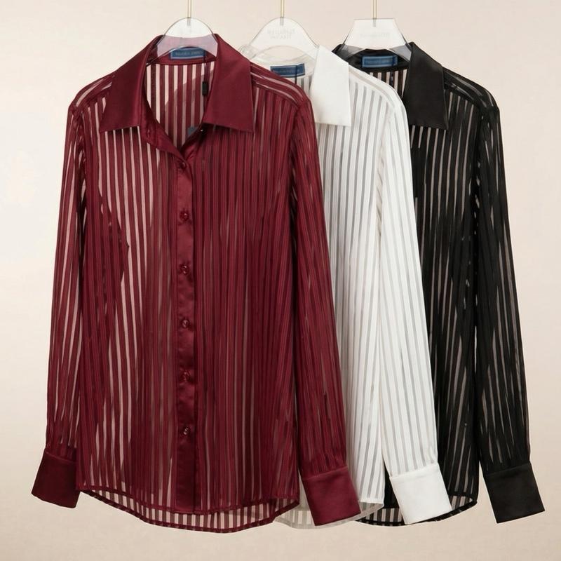 LL005 เสื้อเชิ้ตคอปก ผ้าชีฟอง พิเศษสำหรับผู้หญิง สีพื้น ให้ความสบาย และถูกสุด - Clothing