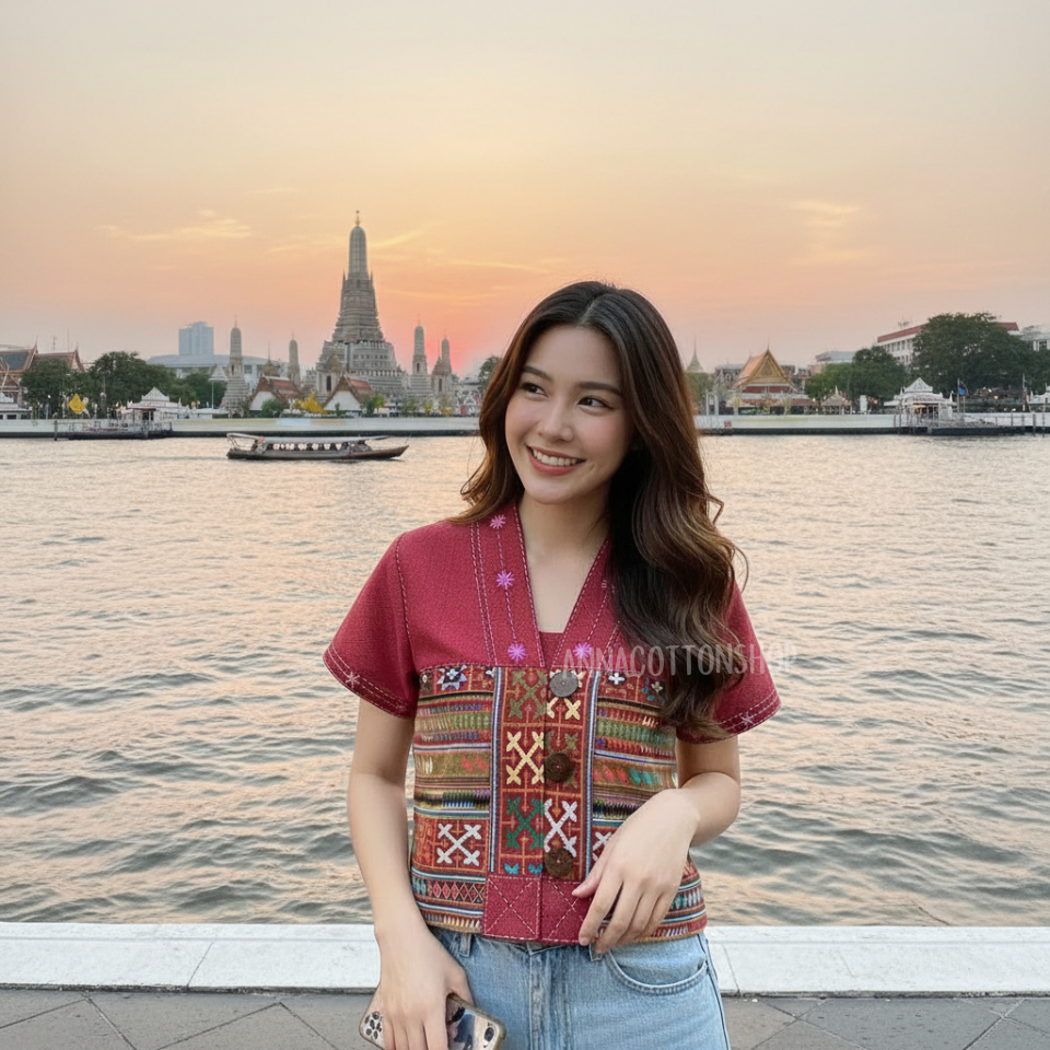 เสื้อคอวีใบปอ ผ้าฝ้ายพื้นเมืองสโตน แต่งลายผ้าทอกระเหรี่ยง กระดุม3เม็ด ทรงสวยเข้ารูปสไตล์ เอวลอยน่ารัก มีขนาด38-40นิ้ว