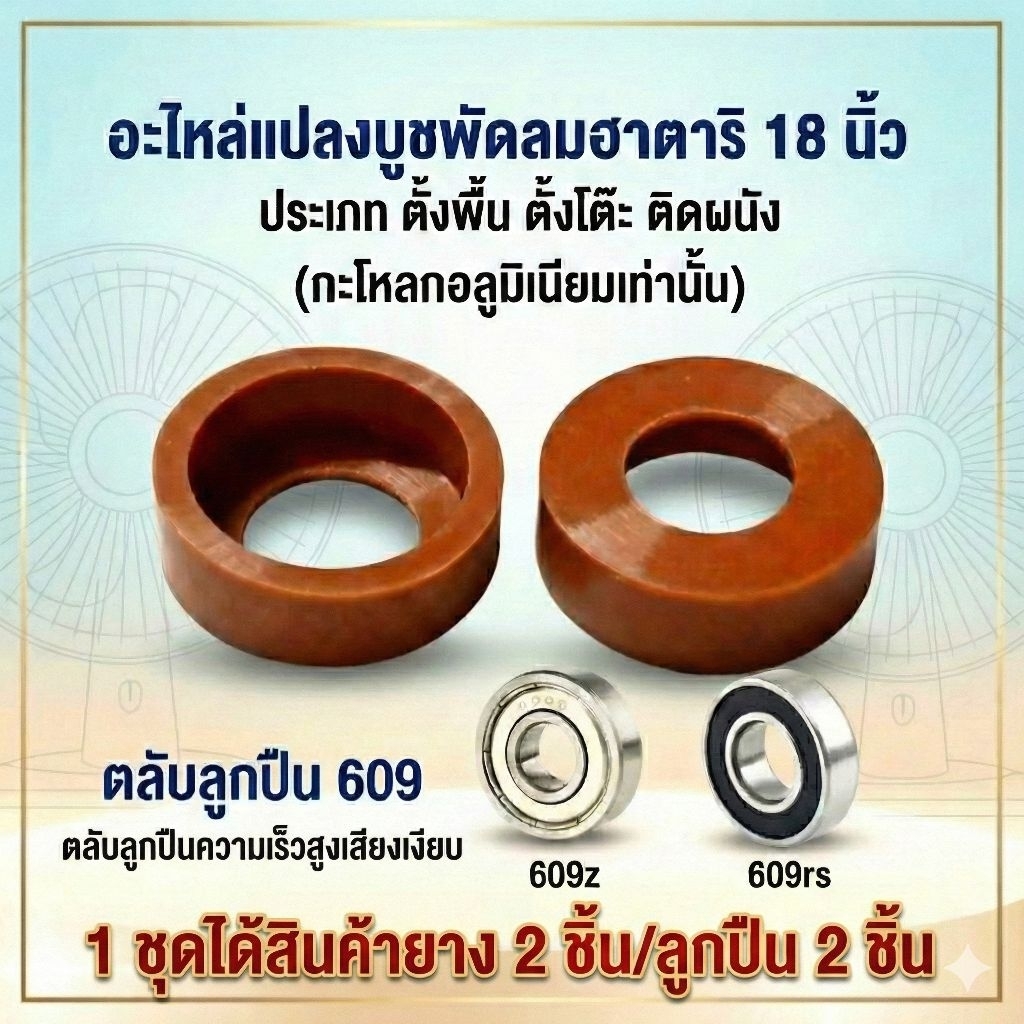 ยางรองลูกปืน 609 ชุดแปลงบูชพัดลม Hatari 18 นิ้ว กะโหลกอลูมิเนียมเท่านั้น ตลับลูกปืน 609z/609rs แก้พัดลมหมุนช้า เสียงดัง