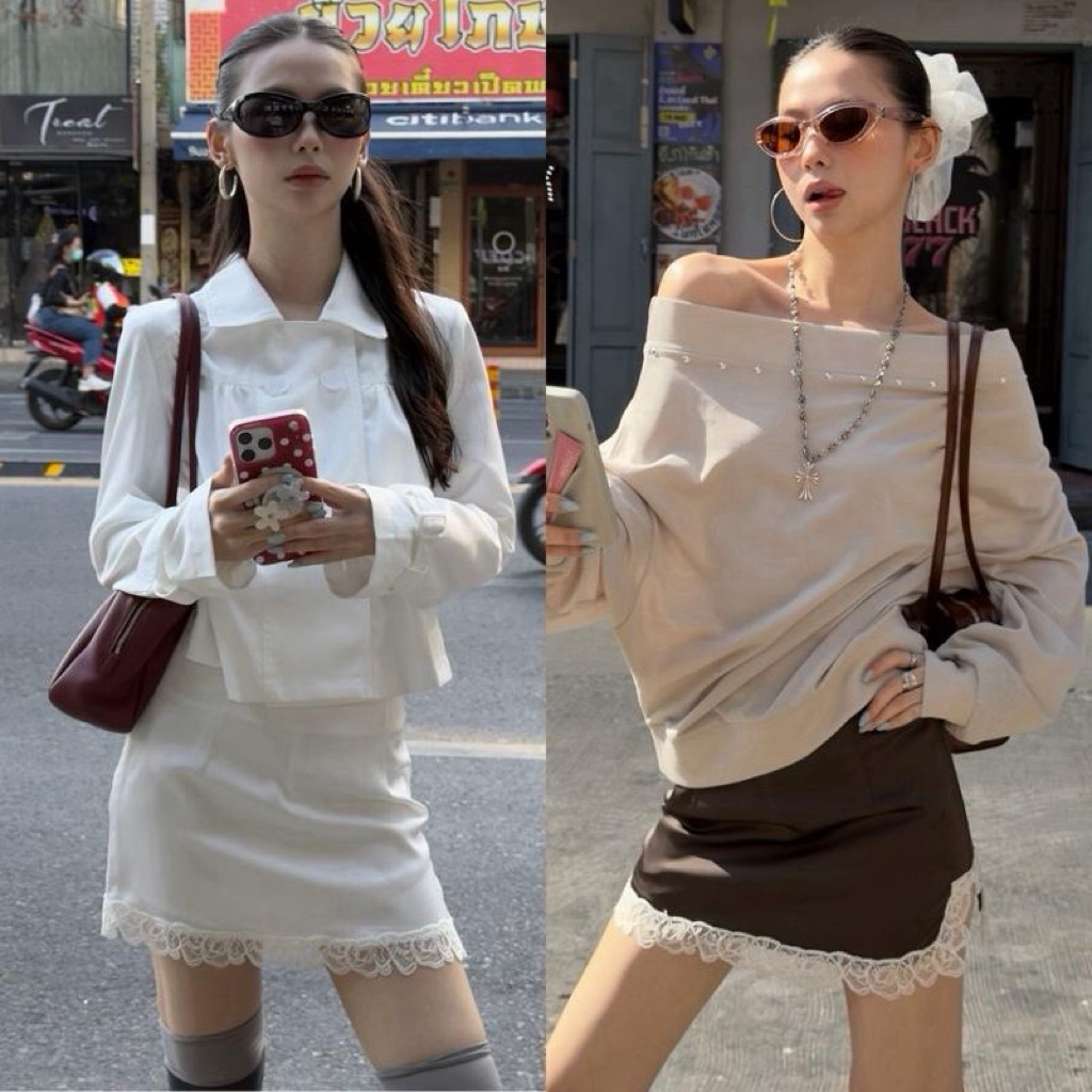 BY0458 กระโปรงผ้าซาตินแต่งลูกไม้ผ่าข้าง มีซับใน benly co