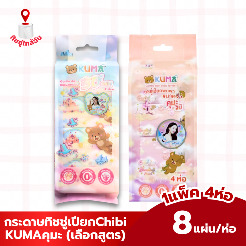 แพ็ค 4 ห่อ Chibi/Chibi blooming(ตัวเลือกในตะกร้า) by KUMA  กระดาษทิชชู่เปียก ชิบิ  ไซส์มินิ 8 แผ่น ขนาดแผ่น16x13cm