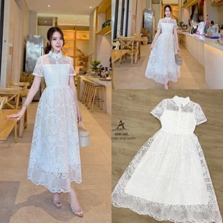 Si-am ชุดเดรสกระโปรงยาว ผ้าลูกไม้อย่างดี ทรงสวย ใส่สบาย คอจีน แต่งโบว์น่ารัก แขนสั้น เนื้อผ้าสวย สีชัดเจน ไซส์ S-4XL