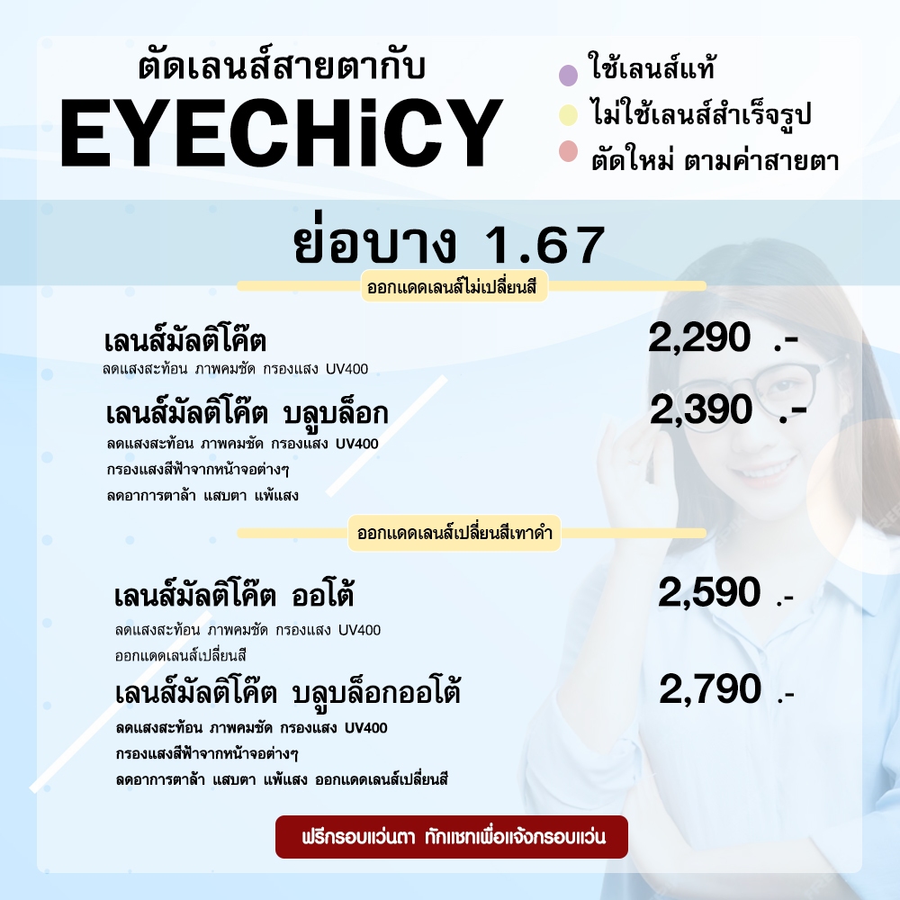 แว่นสายตา ตัดเลนส์สายตา ย่อบาง 1.67 กรองแสง มัลติโค้ต บลูบล็อก ออโต้ บลูบล็อกออโต้ EYECHICY ฟรีกรอบ