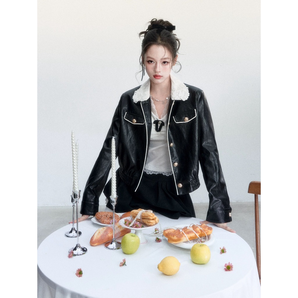 Fragile heart - Lace Collar Leather Jacket