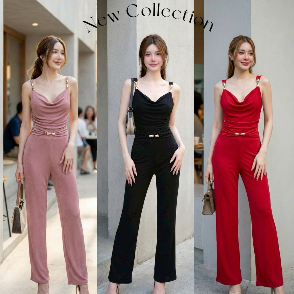 🔥ชุดเซ็ท🔥เสื้อสายเดี่ยวคอถ่วง + กางเกงขายาว✨แต่งอะไหล่ทองหรูหรา✨ชุดออกงาน ชุดไปงานแต่ง พรางหุ่น ทรงสวย งานคุณภาพ🔥
