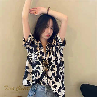 IT049 TARA Hawaii เสื้อเชิ้ตปกฮาวาย ลายดอก แขนสั้น กระดุมหน้า สไตล์เกาหลี เนื้อผ้าไหมอิตาลีพิมพ์ลายอย่างดี