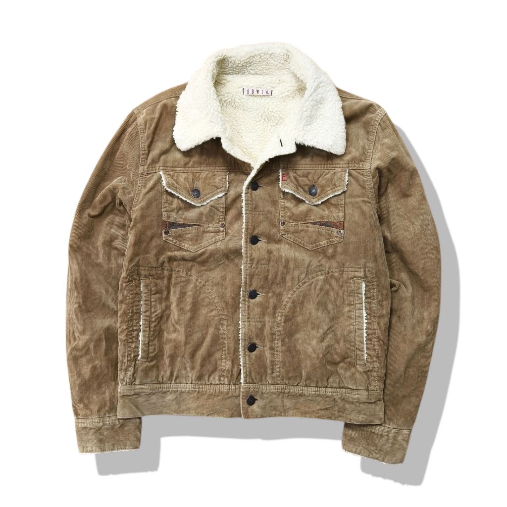 Edwin Brown Corduroy Sherpa Trucker Jacket มือสอง รอบอก 40”