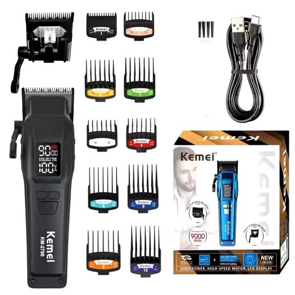 KEMEI km2796 ปัตตาเลี่ยนตัดผมไร้สาย ปรับระดับรอบเครื่องได้ มีจอบอกแบต ปรับสูงสุด 9000รอบ
