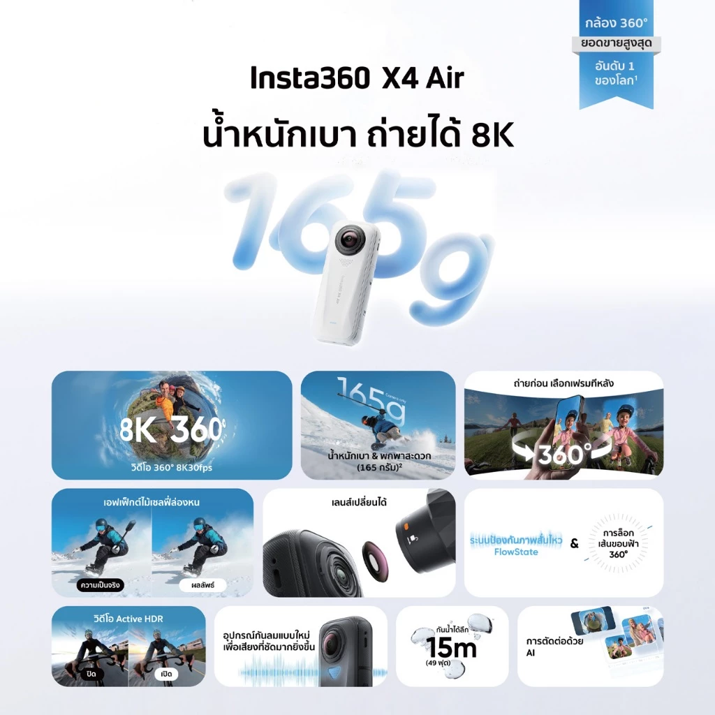 Insta360 X-Series กล้อง 360 X5 X4 Air ถ่ายวิดีโอ 8K ภาพชัด กล้องแอคชั่น กันน้ำ ประกัน 1ปี Action Camera thumbnail 8