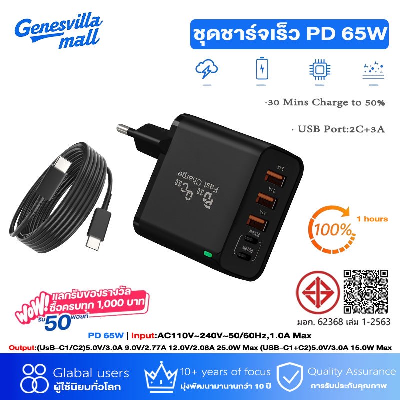 ชุดชาร์จเร็วสํา GaN 65W PD USB QC3.0 PD 3.1A Type C*2+usb*3 รองรับ iP7-iP17 pro max ซีรีส์ทั้งหมด