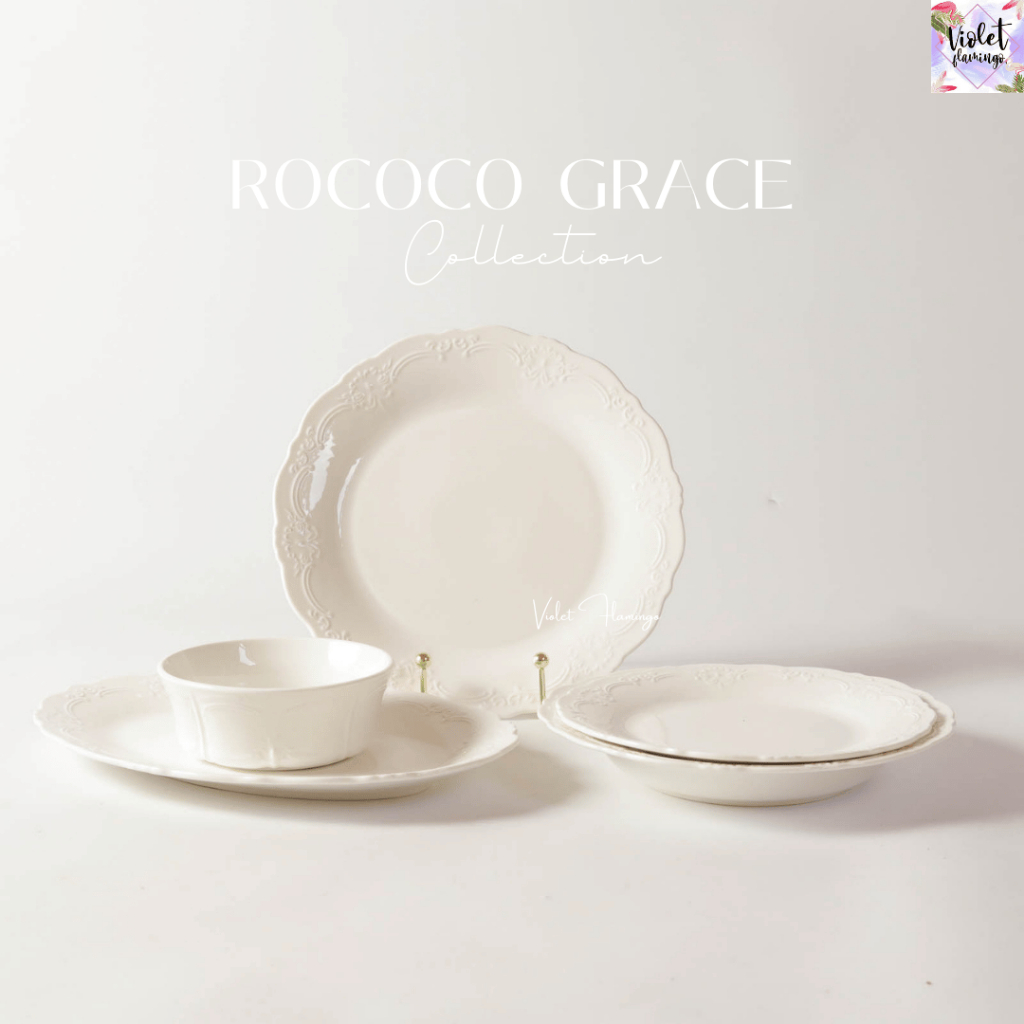 Violet Flamingo Rococo Grace - จานเซรามิคสไตล์เรียบหรูดูสง่างามแบบโรโคโค คลาสสิกไม่มีวันเสื่อม จานสีขาวลายขอบสลักลายเล็ก