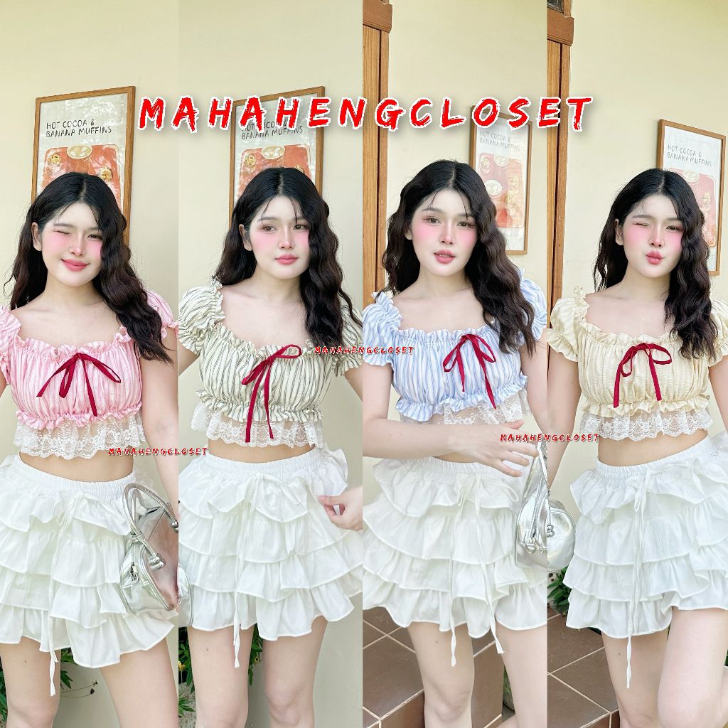 💰MahahengCloset💰เสื้อครอปแขนตุ๊กตาลายริ้ว แต่งลูกไม้หวานกรุบกริบ สไตล์สาวหวาน น่ารักปุ๊กปิ๊กมาก