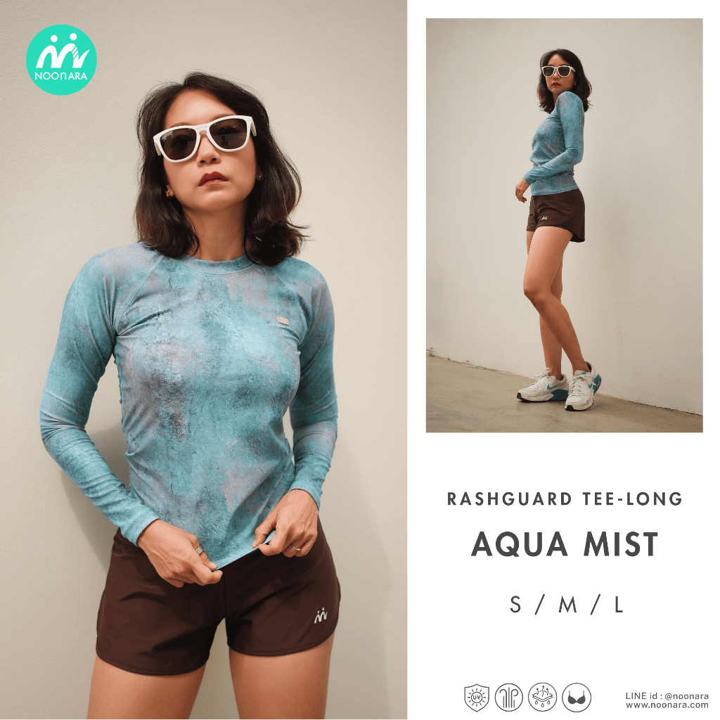 NooNara Rashguard Tee Long: Aqua Mist (เฉพาะเสื้อ) เสื้อกีฬาแขนยาว รุ่นสวม ชุดว่ายน้ำชุดวิ่ง ชุดดำน้ำ กันยูวี มีฟองน้ำ