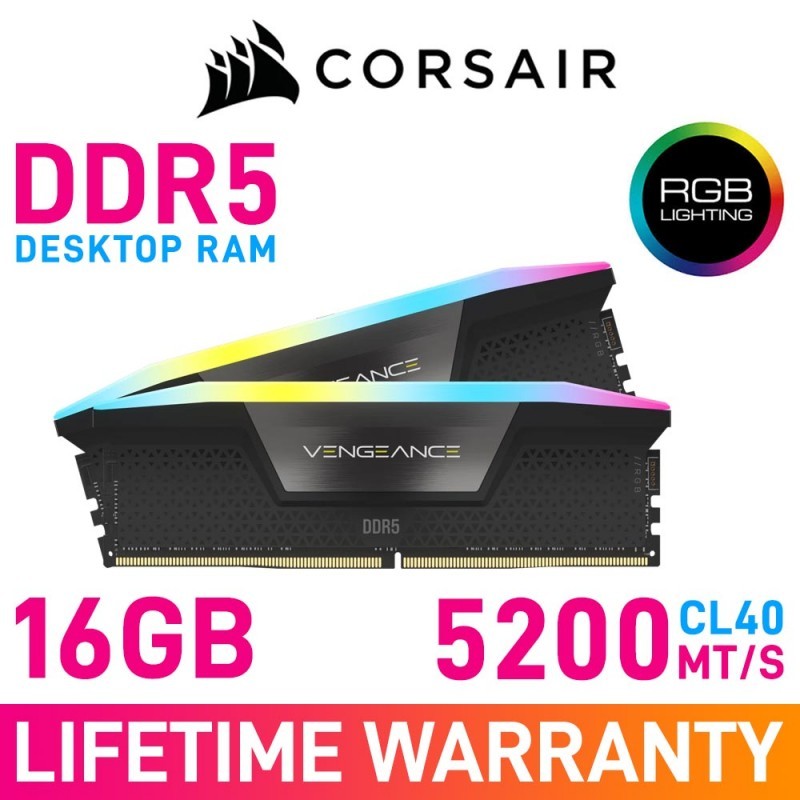16GB (8GBx2) DDR5 5200MHz RAM (แรมพีซี) CORSAIR VENGEANCE RGB (CMH16GX5M2B5200C40)