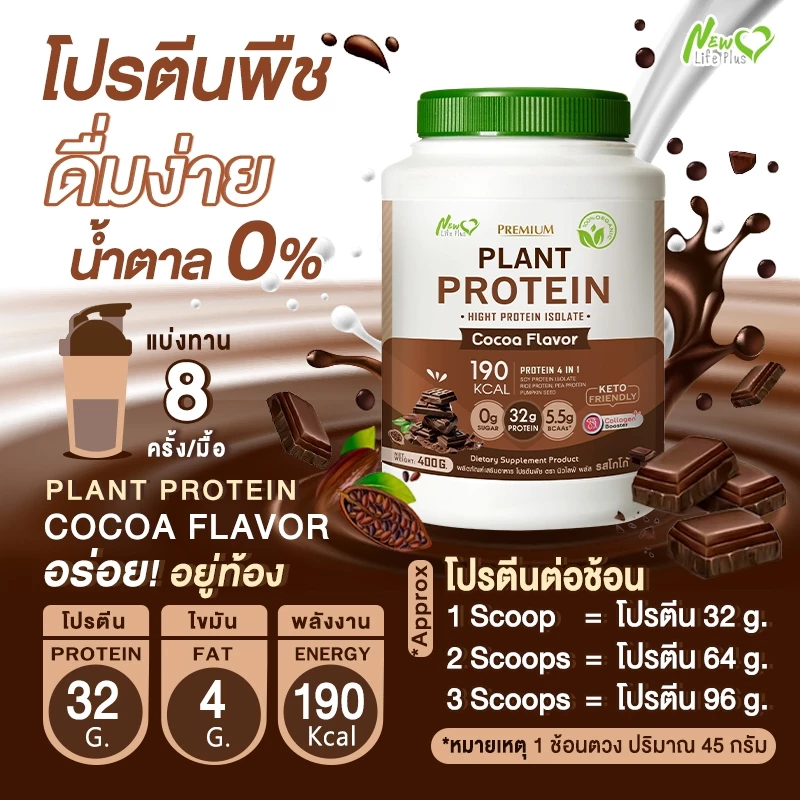 🚛ส่งฟรี สั่งเลย🔥(ซื้อคู่=800g)New Life Plus Plant Protein Cocoa Flavor  โปรตีนพืช รสโกโก้ thumbnail 4