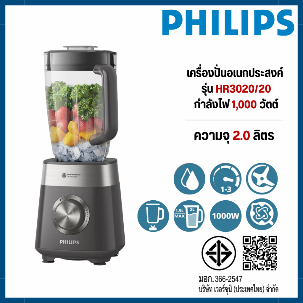 Philips เครื่องปั่นความเร็วสูงอเนกประสงค์ รุ่น HR3020/20 Series 5000 ความจุโถ 2 ลิตร / 1000 วัตต์ HR