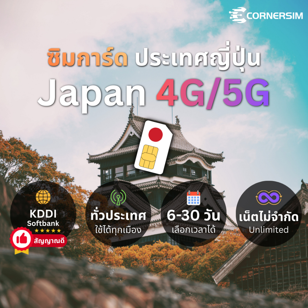 Japan SIM ซิมญี่ปุ่น KDDI Sofbank เน็ต 4G/5G ไม่จำกัด เลือกได้ 6-30 วัน