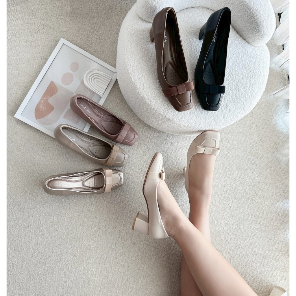 รองเท้าคัทชู ปลายตัดอะไหล่โบว์Block Heels ส้นสูง2นิ้ว รองเท้าKaimooksissy Ks251102