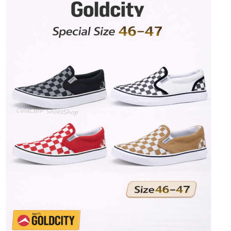 ▄▀▄▀รองเท้าผ้าใบเบอร์พิเศษ Size 46-47แบบสวมสลิปออน GoldCity-9011 ลายหมากรุก