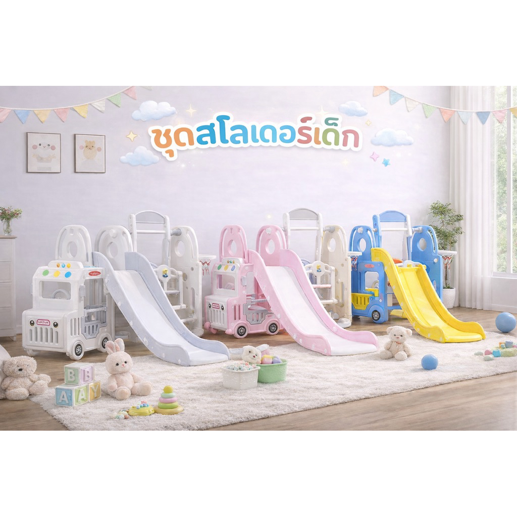 สไลเดอร์เด็ก 3in1 รุ่นรถบัส พร้อมแป้นบาส เครื่องเล่นในบ้าน พลาสติกหนา แข็งแรง ปลอดภัย