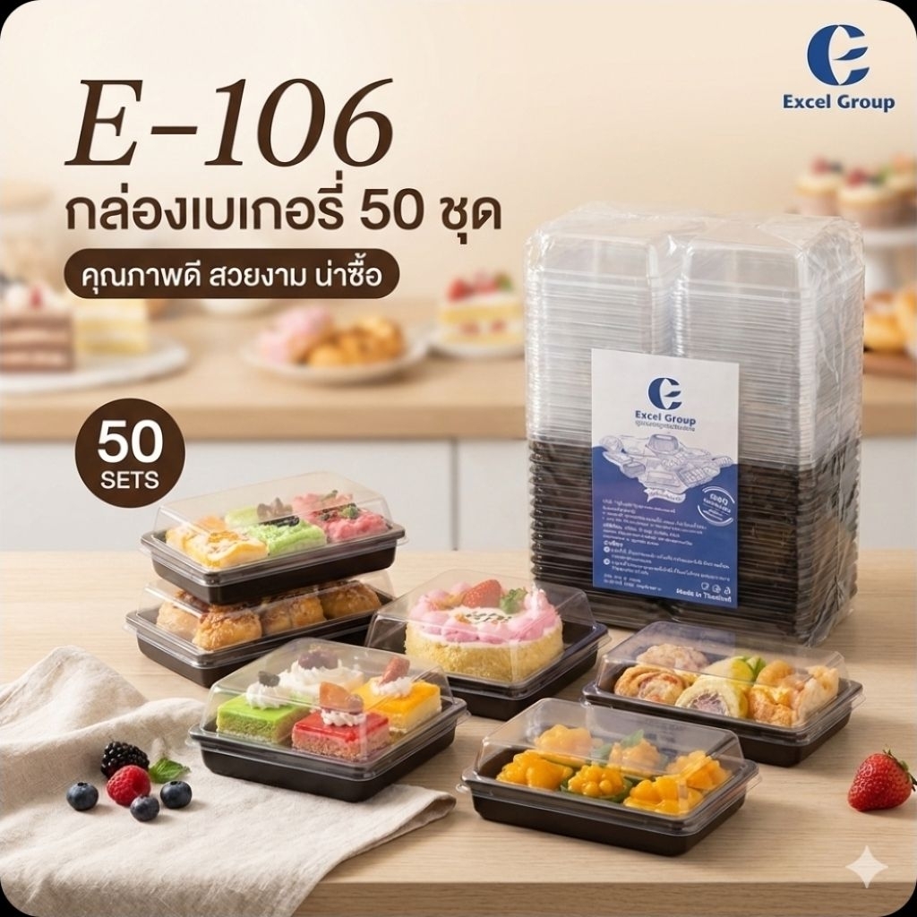 ♻️Excel E-106 กล่องเบเกอรี่+ฐานสีน้ำตาล จำนวน 50 ชุด.♻️