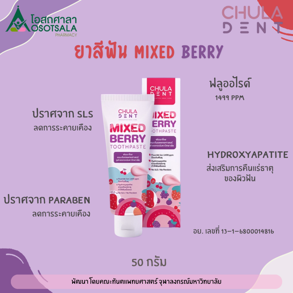 (Mixed Berry) Chula Dent จุฬาฯเดนท์ ยาสีฟันเสริมฟลูออไรด์ กลิ่นมิกซ์เบอร์รี่ พัฒนาโดยทันตะฯ จุฬา