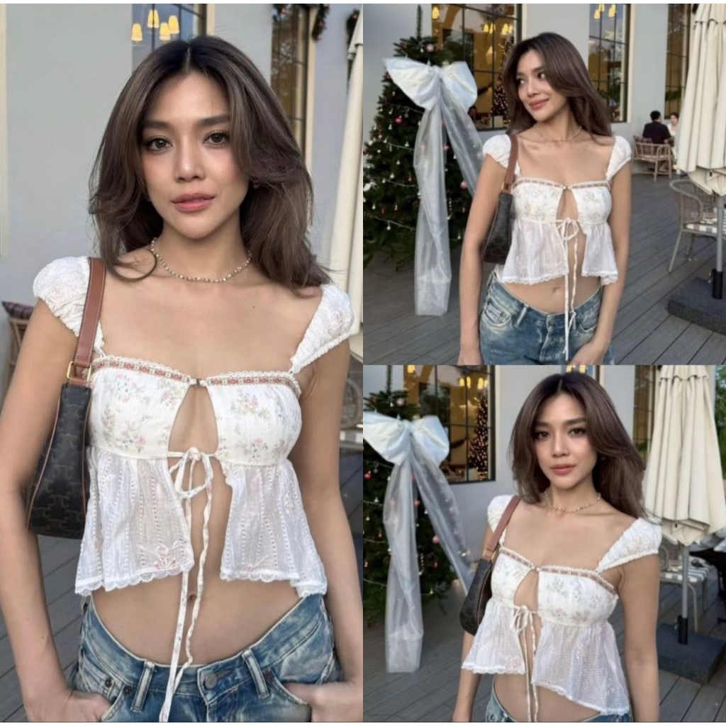 พร้อมส่ง เสื้อครอป งานปักฉลุ ผูกหน้าสวยมาก ลายดอกไม้วินเทจ เลดี้สุดๆ