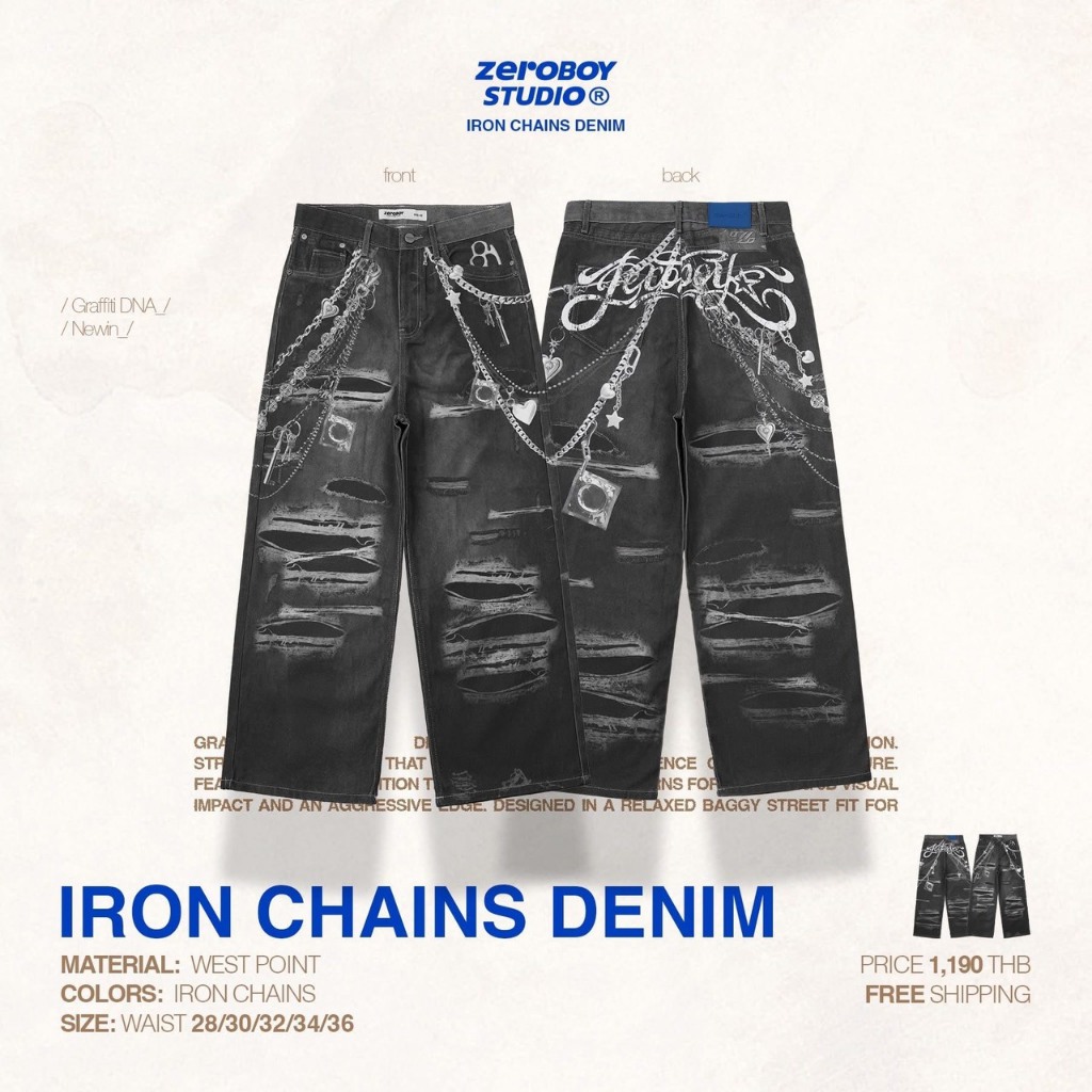 ZEROBOY® — IRON CHAINS DENIM กางเกงเดนิมสไตล์สตรีทสีดำ