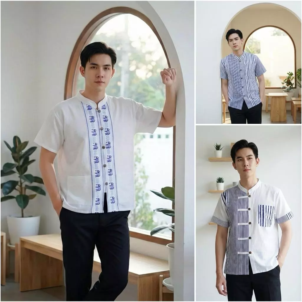 เสื้อผ้าฝ้ายผู้ชาย ลายช้าง ผ้าฝ้าย100% ใส่เที่ยวใส่ทำงาน เสื้อพื้นเมืองชาย