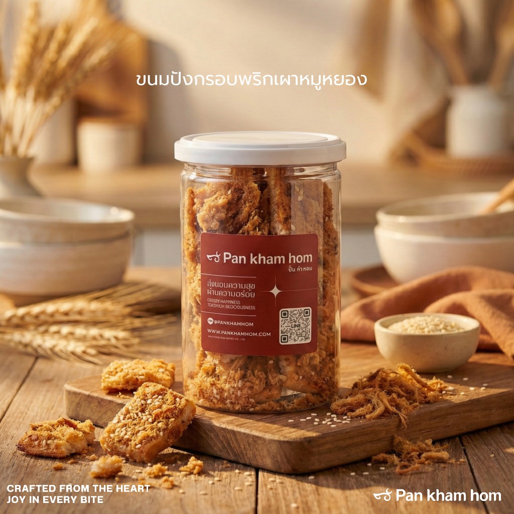 ปังกรอบพริกเผาหมูหยอง  BISCUITS MIXED WITH CHILLI PASTE AND DRIED SHREDDED PORK (70กรัม) ปั้นคำหอม ขนมปังกรอบ