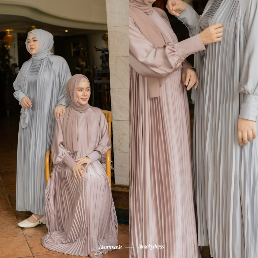 Heartmade-Almalty dress(**รุ่นนี้ทรงใหญ่ไม่ต้องเผื่อไซส์นะคะ**เดรสผ้าซิลค์ซาตินอัดพลีทพร้อมเชือกผูกเอว)