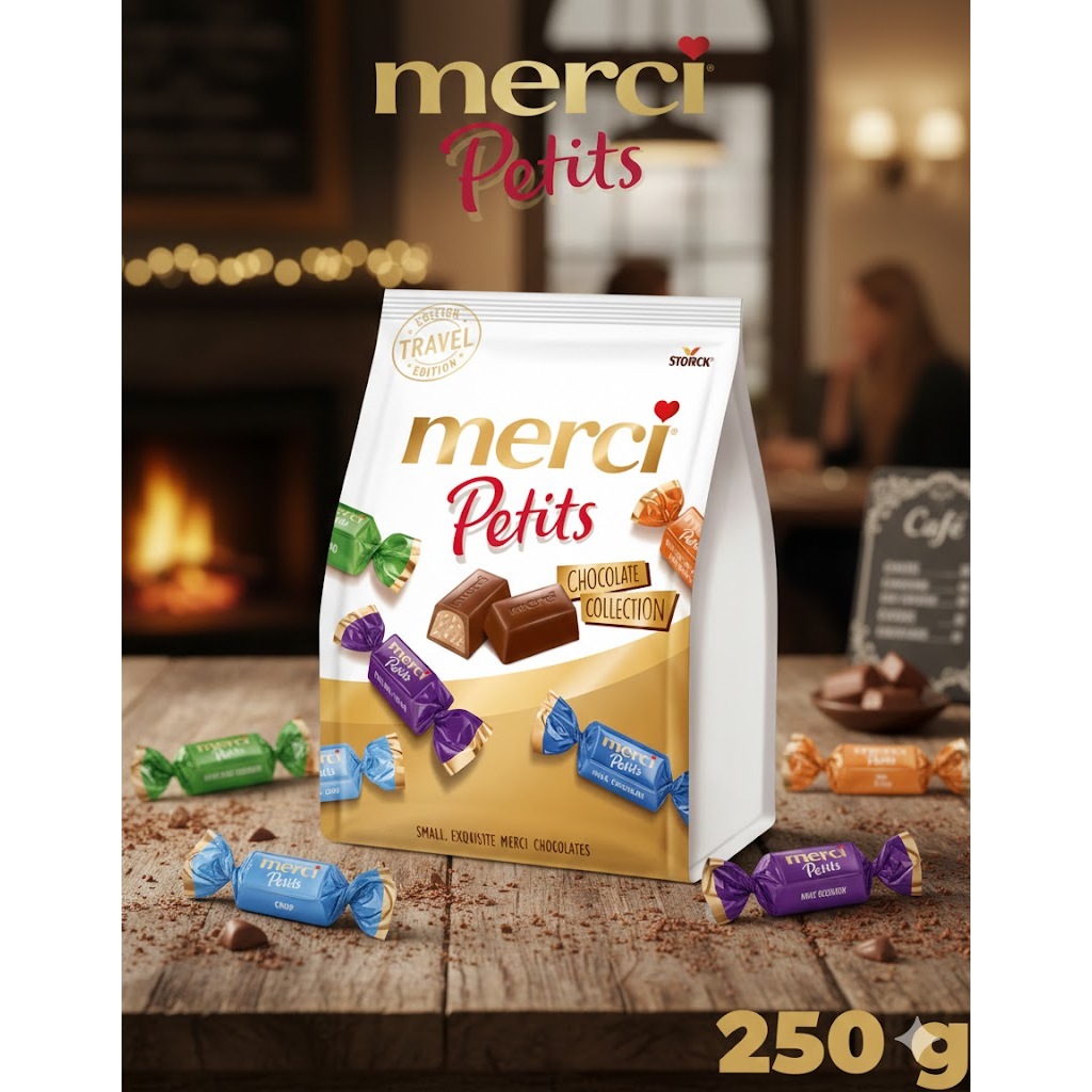 Merci Petits Chocolate Collection ช็อกโกแลตพรีเมียมรวมรส น้ำหนัก250 กรัม สินค้าจากเยอรมัน E.08/10/26