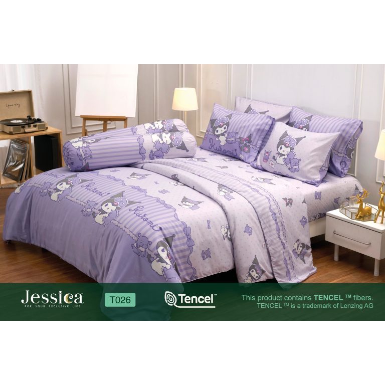 Jessica Tencel ชุดเครื่องนอน ผ้าปูที่นอน ผ้าห่มนวม เจสสิก้า ลายลิขสิทธิ์แท้ ลายคุโรมิ สีม่วง T026