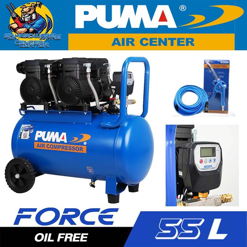 ปั้มลมไฟฟ้า ระบบ OIL FREE ถัง 55ลิตร กำลัง 1450วัตต์ x 2 การปั้มลม 608ลิตร/นาที PUMA รุ่น FORCE 55
