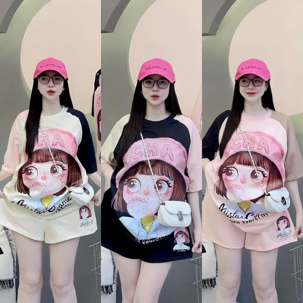 SGH0268 ชุดเซ็ตเสื้อ+กางเกง ลายสาวแก้มใส งานพิมพ์ใหญ่เต็มตัว เซ็ตโอเวอร์ไซส์ลายการ์ตูนสุดฮิต