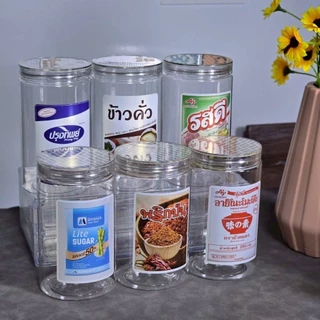 กระปุกใส่เครื่องปรุง+สติกเกอร์กันน้ำเนื้อเงิน (ฝาใส) ฝาเกลียว เนื้อFood grade ขนาด 450 มล.