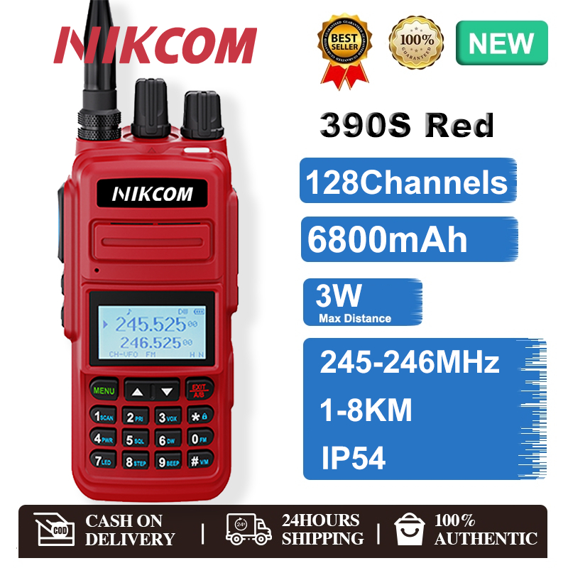 วิทยุสื่อสารสีแดง NIKCOM 390S 245-246MHz, 6800mAh, IP54, +หูฟัง Two-way Radio Red สัญญาณแรง ชัดเจน