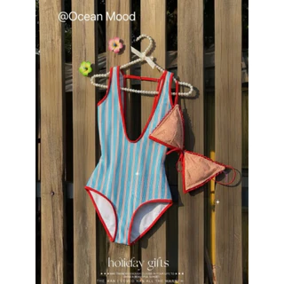 Ocean Mood | ชุดว่ายน้ำวันพีช 2 ชิ้น สีชมพูลายทาง แต่งลูกไม้ สไตล์วินเทจ Vintage Pink Striped Swimwear