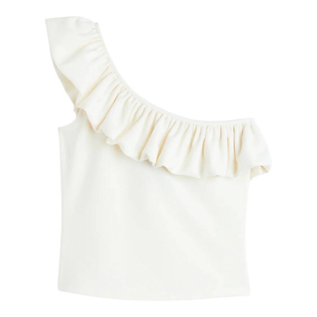 H: One Shoulder Ruffle Crop Tops