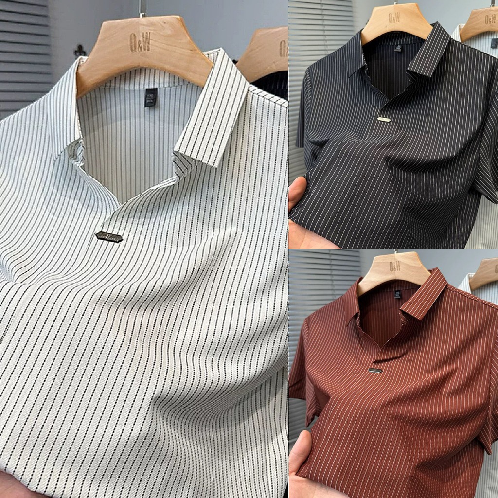 เสื้อโปโลแขนสั้นทรงหลวมสำหรับผู้ชาย สไตล์ลำลอง เสื้อทำงานลายทาง สไตล์เกาหลี ไซส์ใหญ่