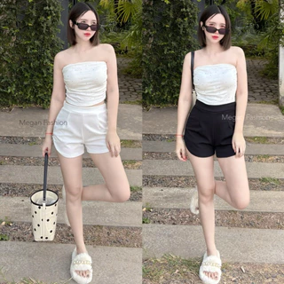กางเกงขาสั้น ทรงเว้า ขาสั้นเอวสูง จีบหน้า ปลายขาเว้าโค้ง รับต้นขาไม่มีกระเป๋า